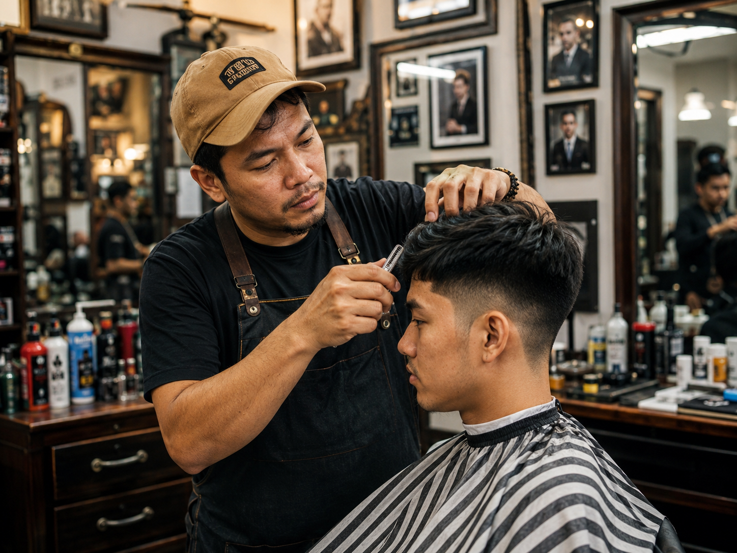 Barber cutting hair inside Kanto Gupit Barbershop